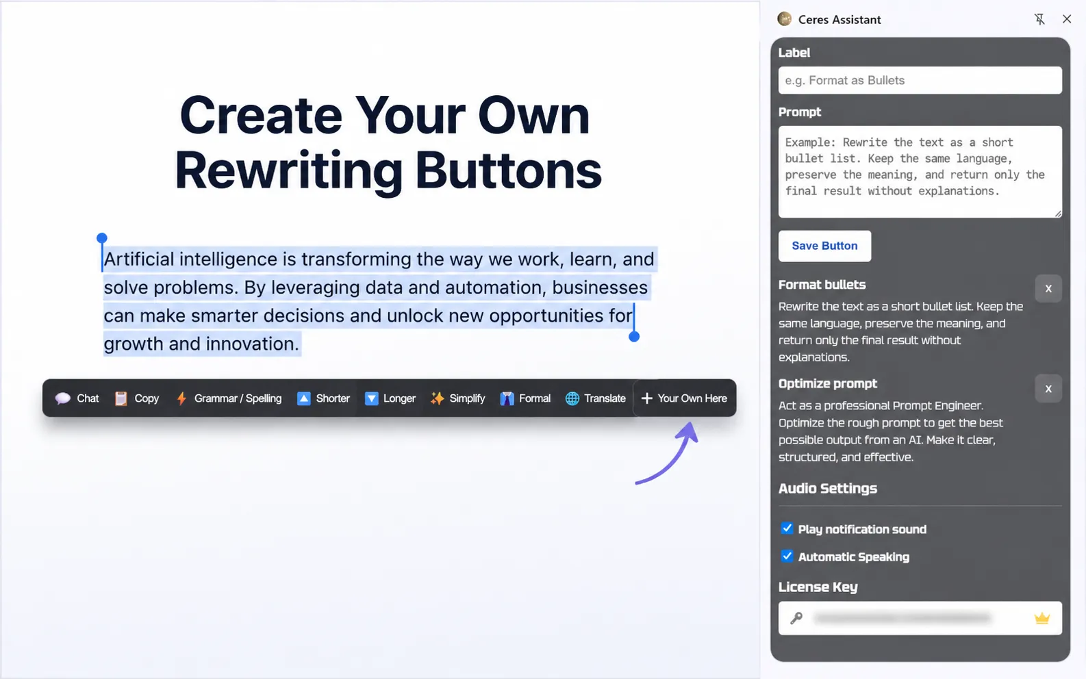 Make your own AI writing buttons